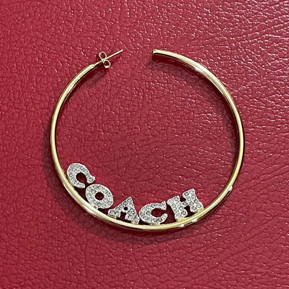 Coach Hoop Earrings Pave Signature Logo Large Rhinestones Sparkle 2 Tone Hoops - Picture 6 of 8